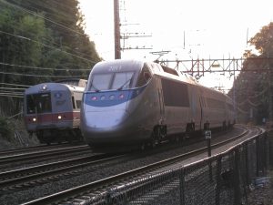 Acela Express rounds a curve in Connecticut