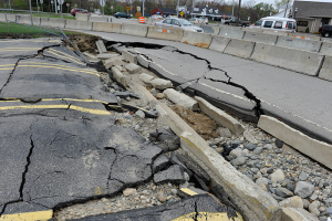 Road damage in Warwick, Rhode Island, resulting from historic storms in March 2010